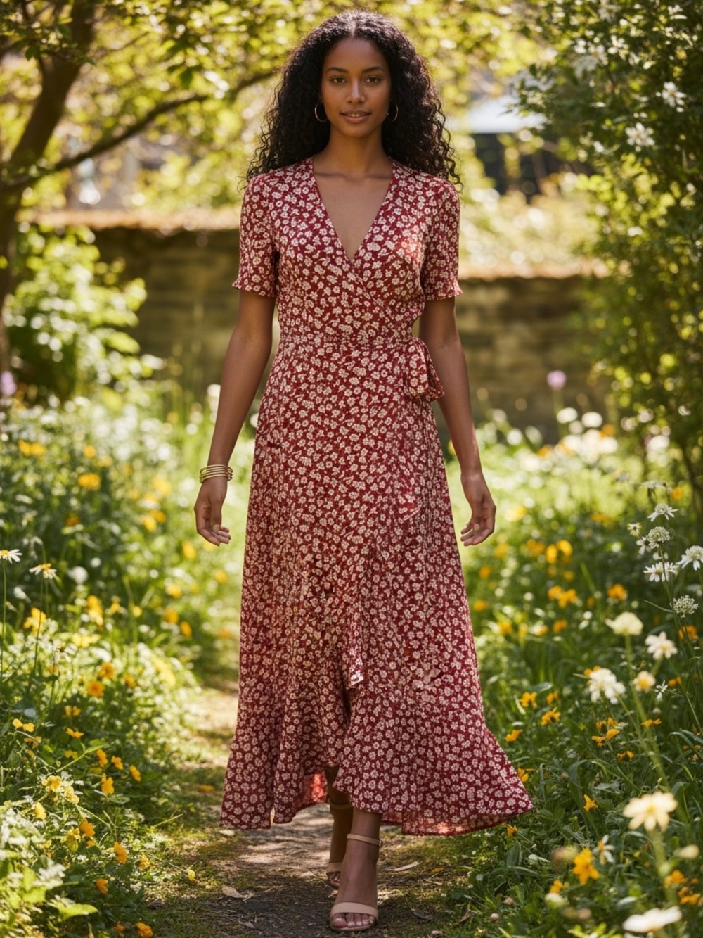 Feminine Boho Floral V-neck Wrap Maxi Dress, Ruffle Hem, Red & White, Large